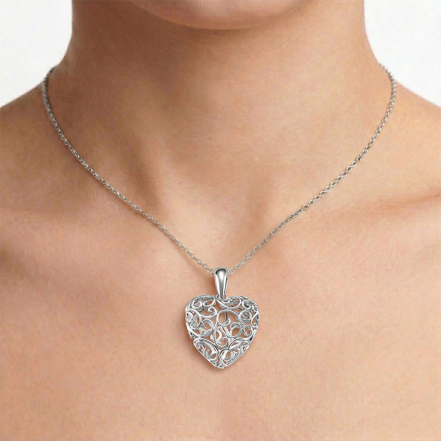 LUCY Q Amore Filigree Collection - Heart Pendant with Adjustable Chain (Size 28-24-20-16) in Rhodium Overlay Sterling Silver